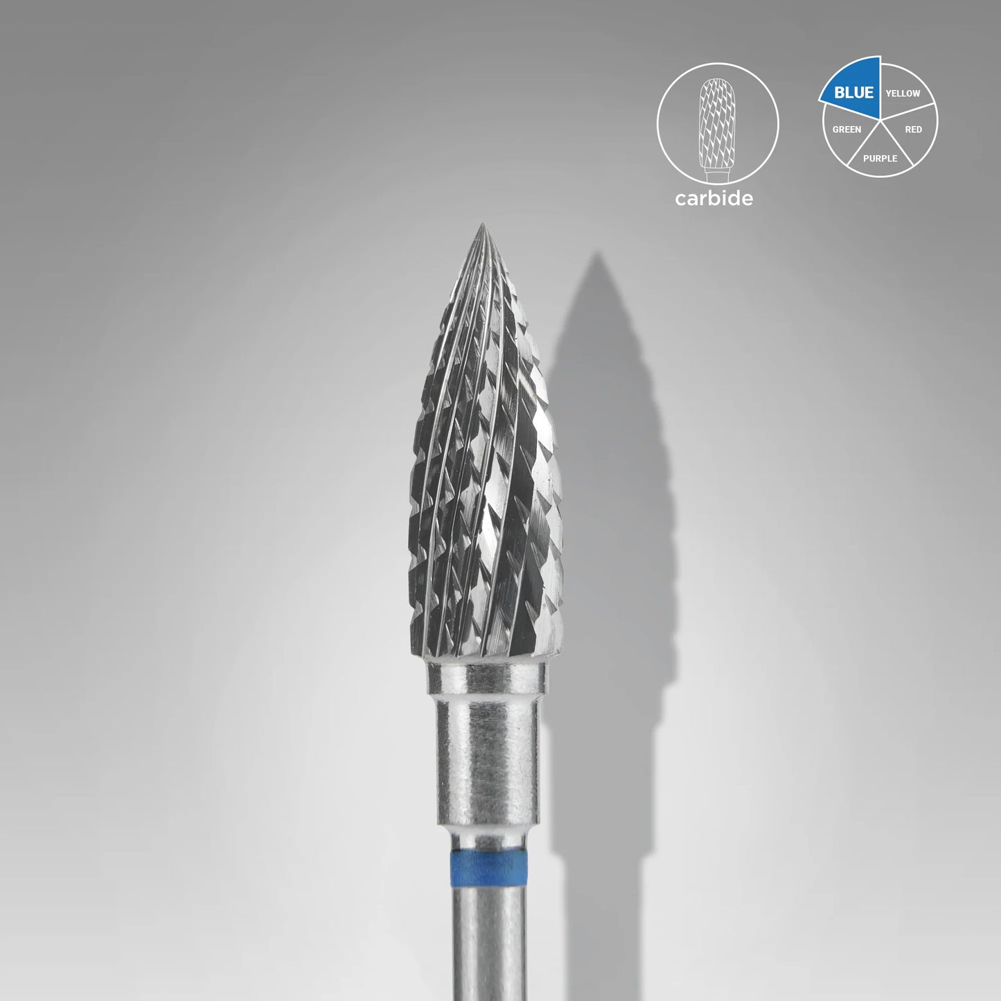Punta fresa a forma di fiamma in metallo duro per unghie blu EXPERT diametro 5 mm / parte operativa 13,5 mm