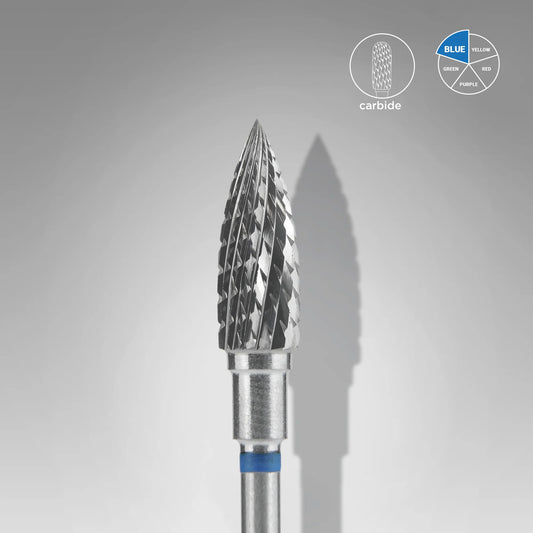 Punta fresa a forma di fiamma in metallo duro per unghie blu EXPERT diametro 5 mm / parte operativa 13,5 mm